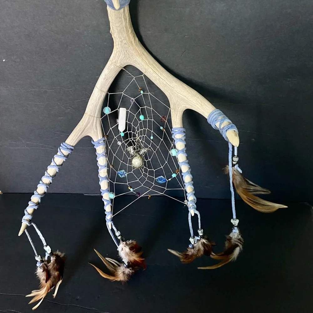 Rustic Dreamcatcher with Antler Frame and Feathers‎